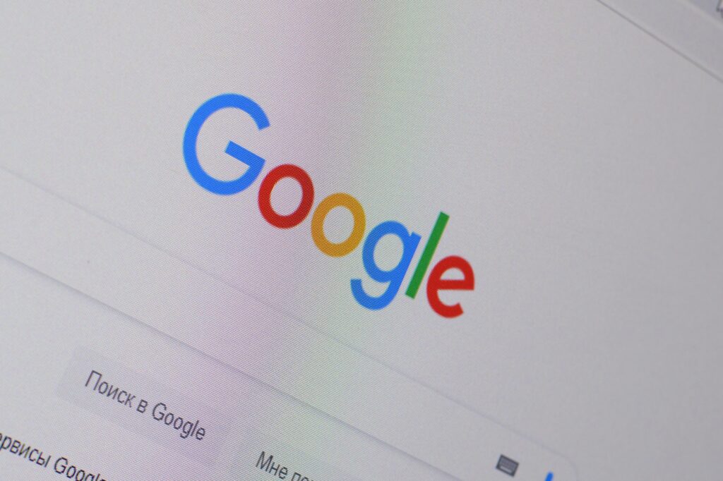 homepage of google website on the display of pc, url google.com. homepage of google website on the display of pc, url google.com.