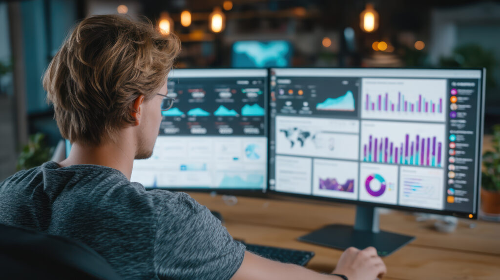 digital marketing strategist analyzing audience data on dual monitors with charts and graphs in modern office environment