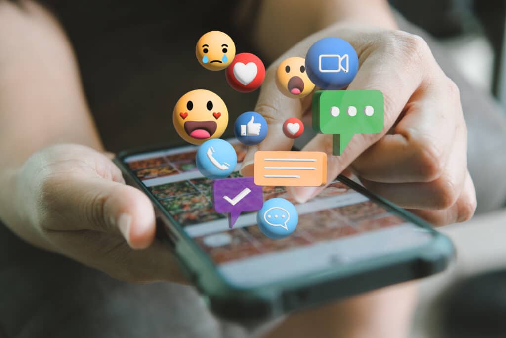 woman holding mobile smartphone social media icon and communications digital internet marketing technology business concept.