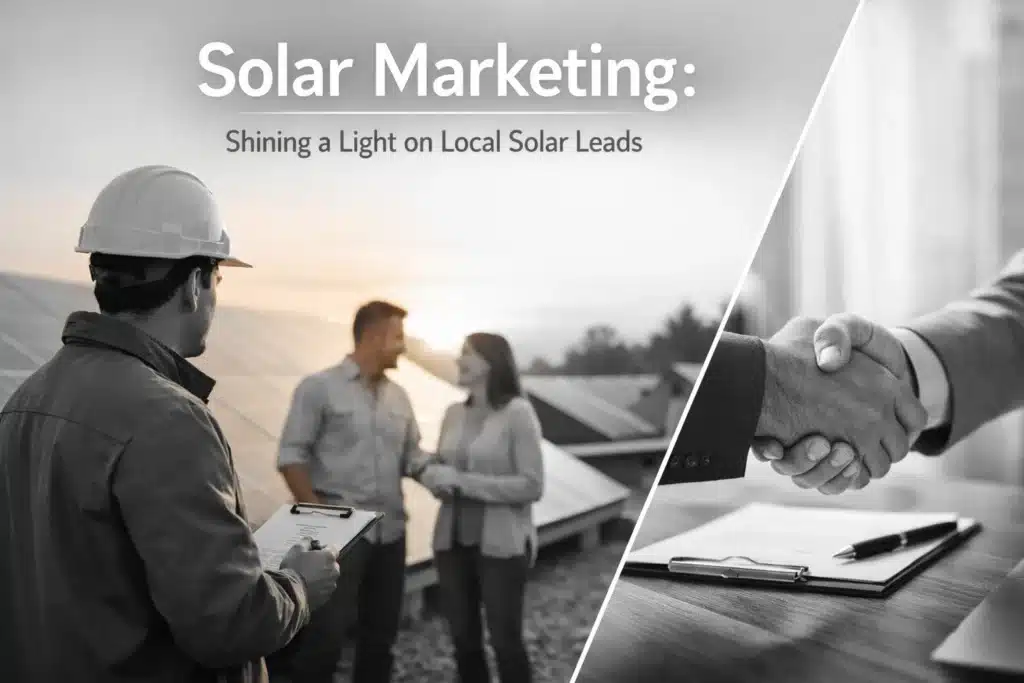 Solar marketing concept with a technician inspecting solar panels and a handshake between business partners, emphasizing local solar leads and marketing strategies.