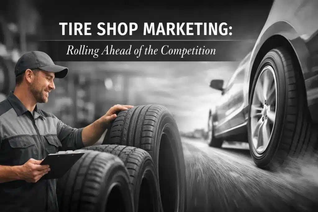 Tire shop marketing graphic featuring a smiling man examining tires with a car in motion, highlighting strategies for competitive advantage in the tire industry.
