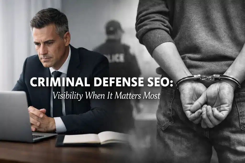 Business professional focused on criminal defense SEO, with laptop and handcuffed individual in background, emphasizing visibility and urgency in legal services.