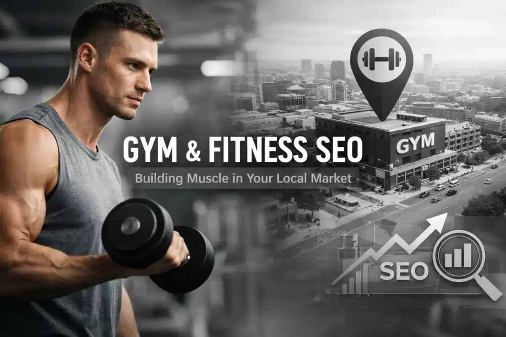 Man lifting dumbbell with "Gym & Fitness SEO" text overlay, emphasizing local market growth and digital marketing strategies for gyms.