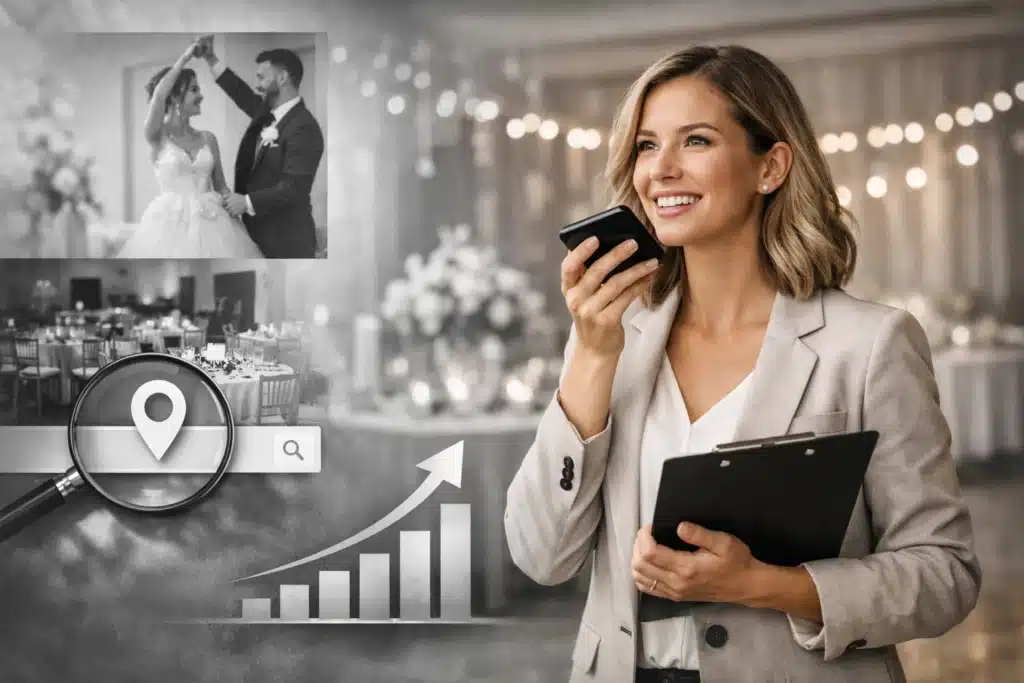 Woman in business attire speaking on smartphone, holding clipboard, with wedding couple image and event venue background, symbolizing event planner marketing and local search success.