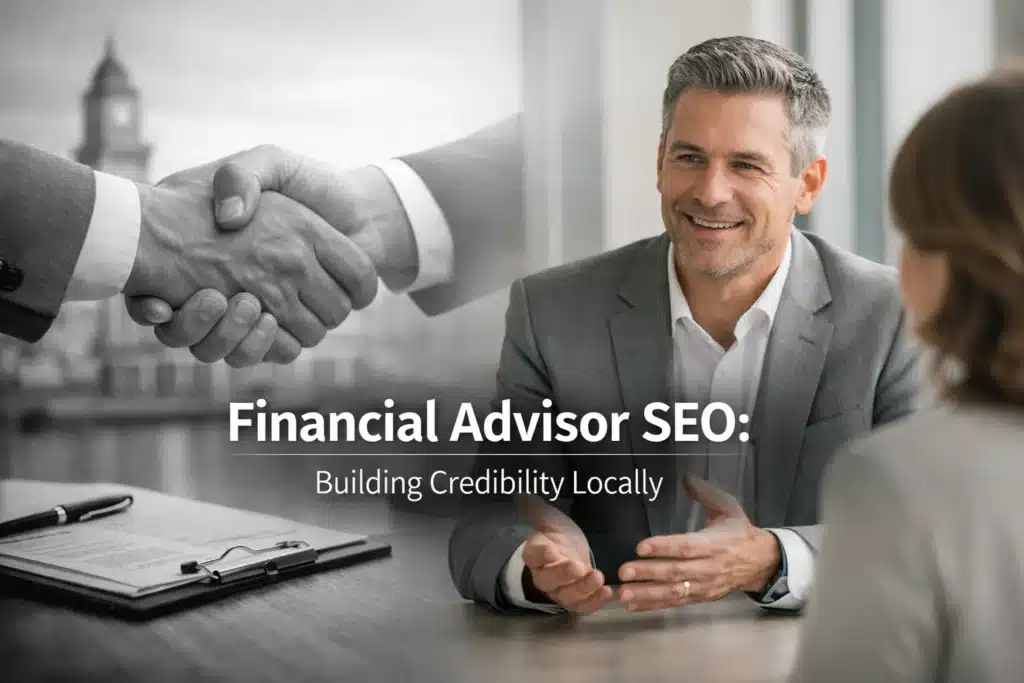 Financial advisor discussing client relationships and building credibility locally, with a handshake and documents on the table.