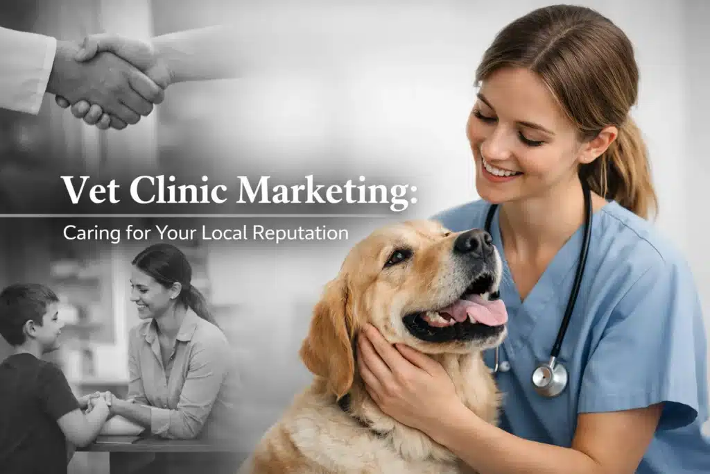 Vet clinic marketing graphic featuring a veterinarian smiling and caring for a golden retriever, emphasizing local reputation and client relationships.
