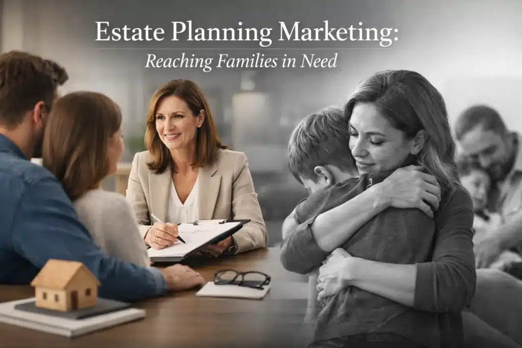 Estate planning consultation with a smiling attorney and families discussing important decisions, emphasizing emotional support and strategic guidance.