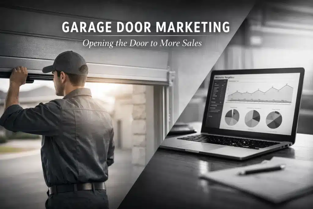 Garage door technician operating a garage door, alongside a laptop displaying marketing analytics and graphs, emphasizing garage door marketing strategies for increasing sales.