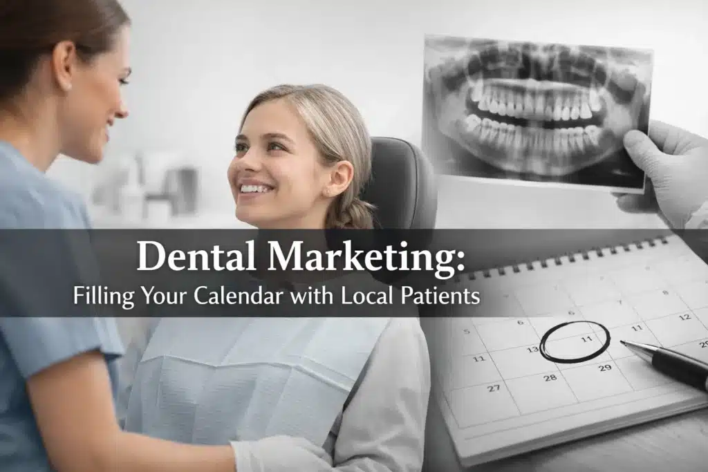 Dental marketing graphic featuring a smiling patient in a dental chair, a dentist holding an X-ray, and a calendar highlighting patient appointments.