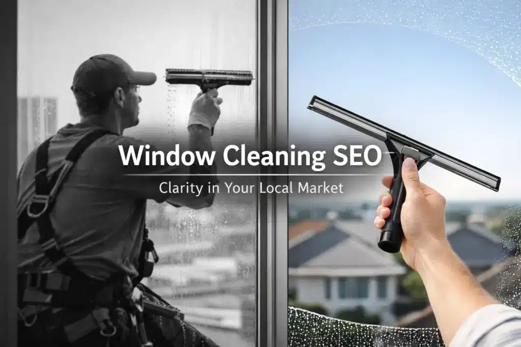 Window cleaning professional using a squeegee on a glass window, emphasizing local SEO strategies for window cleaning businesses.