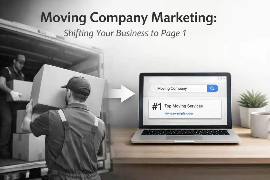 Moving company marketing graphic featuring a worker carrying a box from a truck and a laptop displaying a search for "Moving Company" with top services listed, emphasizing local SEO strategies for business visibility.