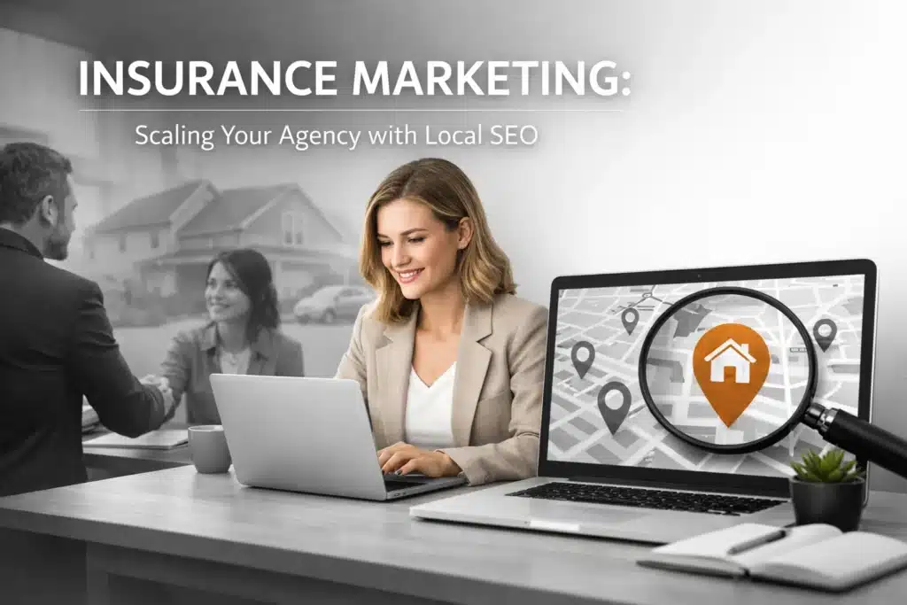 Insurance marketing concept with a woman working on a laptop, highlighting local SEO strategies for scaling an agency, featuring a map with location markers and a magnifying glass.