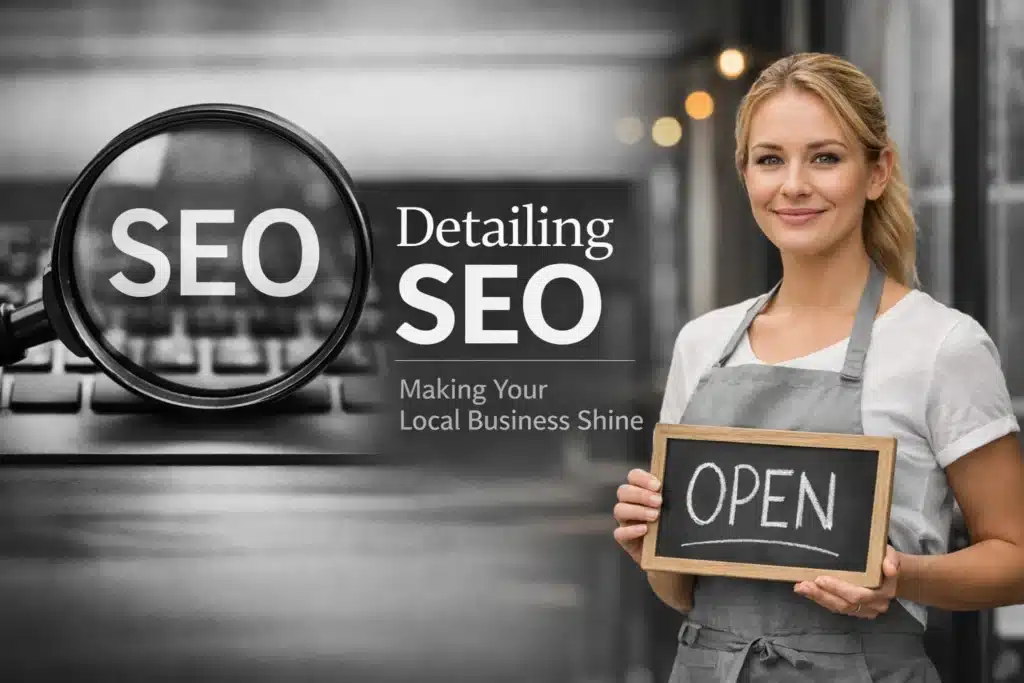 Woman holding an "OPEN" sign, emphasizing SEO for detailing businesses, with a magnifying glass highlighting "SEO" over a keyboard background, representing local business marketing strategies.
