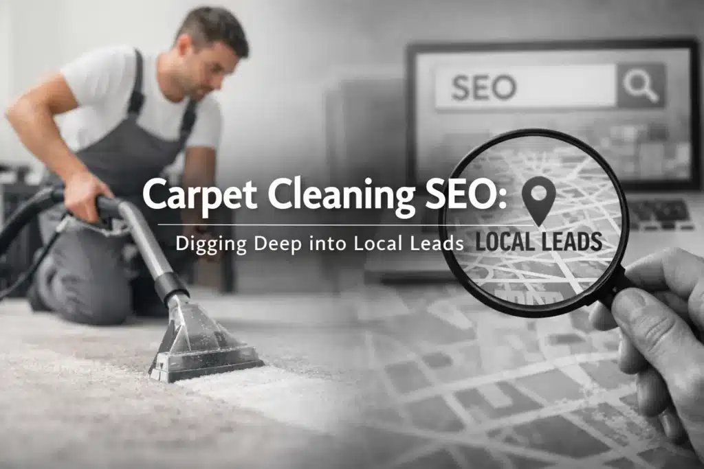Carpet cleaner using a vacuum on carpet with overlay text "Carpet Cleaning SEO: Digging Deep into Local Leads," highlighting local SEO strategies for carpet cleaning businesses.