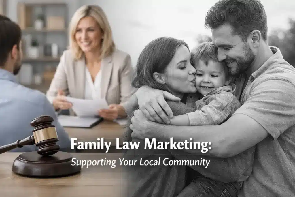 Family law marketing image featuring a gavel, smiling attorney consulting clients, and a happy family embracing, illustrating support for local community legal services.