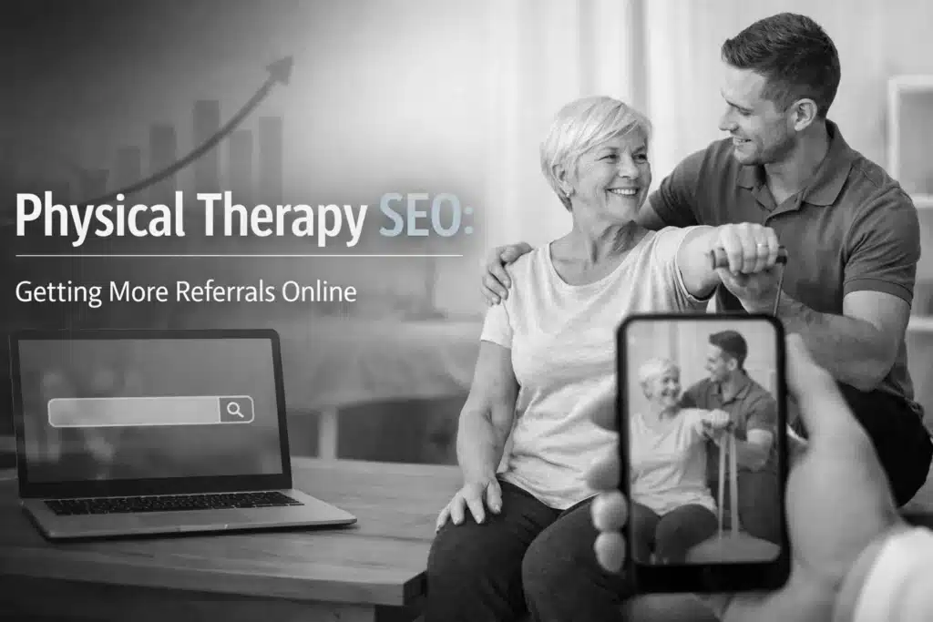 Physical therapy session showcasing patient with therapist, emphasizing SEO strategies for increasing online referrals, with a laptop and smartphone displaying search elements.