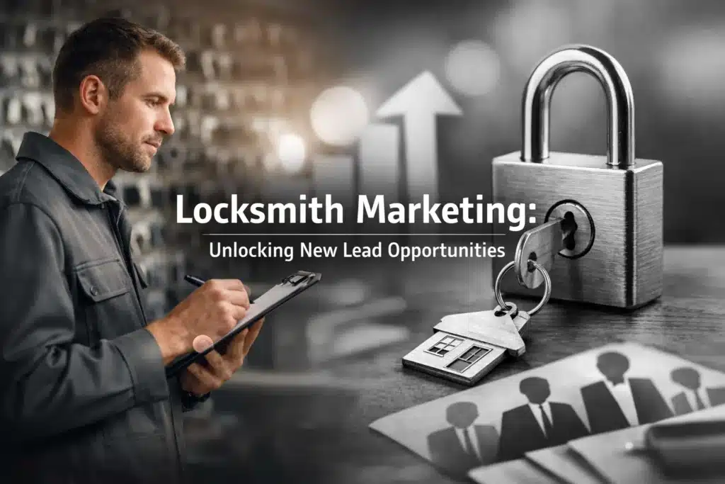 Locksmith marketing concept featuring a man taking notes, a padlock, and house keys, emphasizing lead generation opportunities in the locksmith industry.