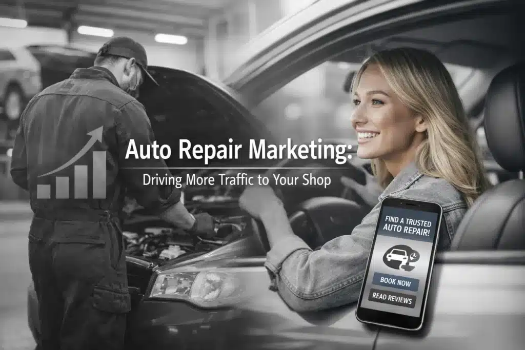 Auto repair marketing graphic featuring a mechanic working on a car, a smiling woman in a vehicle, and promotional text highlighting traffic increase strategies.