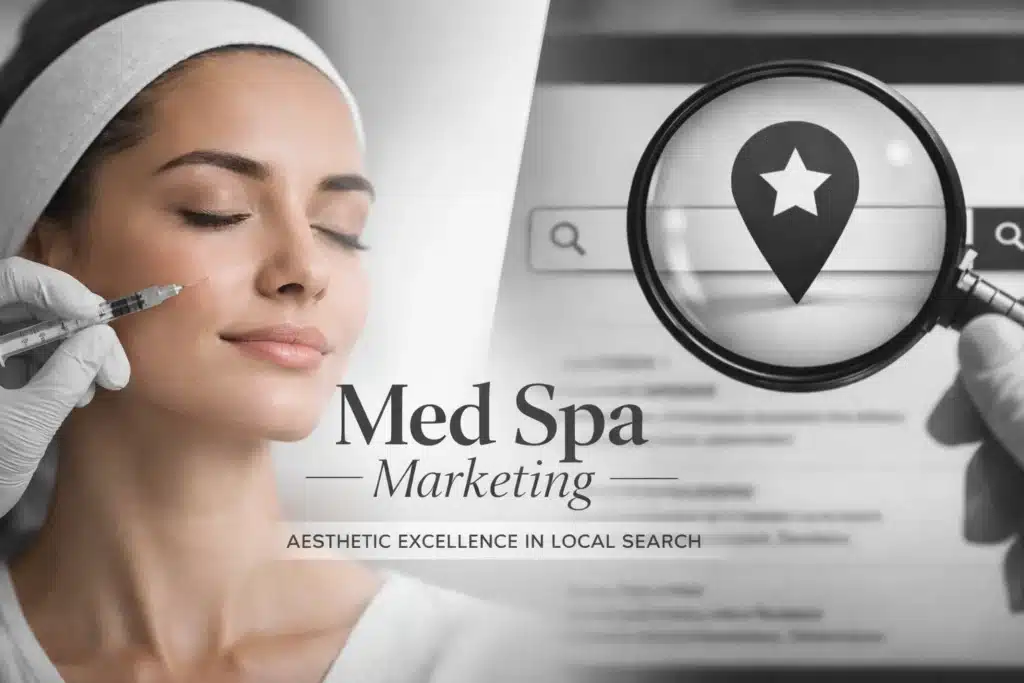 Med spa marketing graphic featuring a woman receiving an aesthetic treatment, with a magnifying glass highlighting local search elements and the text "Med Spa Marketing - Aesthetic Excellence in Local Search."