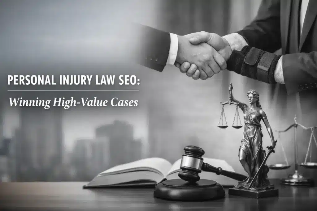 Personal injury law SEO concept featuring a handshake between two professionals, a gavel, and a statue of Lady Justice, illustrating strategies for winning high-value cases.
