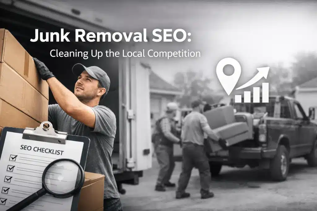 Junk removal workers loading boxes into a truck, with an SEO checklist and growth graph overlay, highlighting local SEO strategies for the junk removal industry.